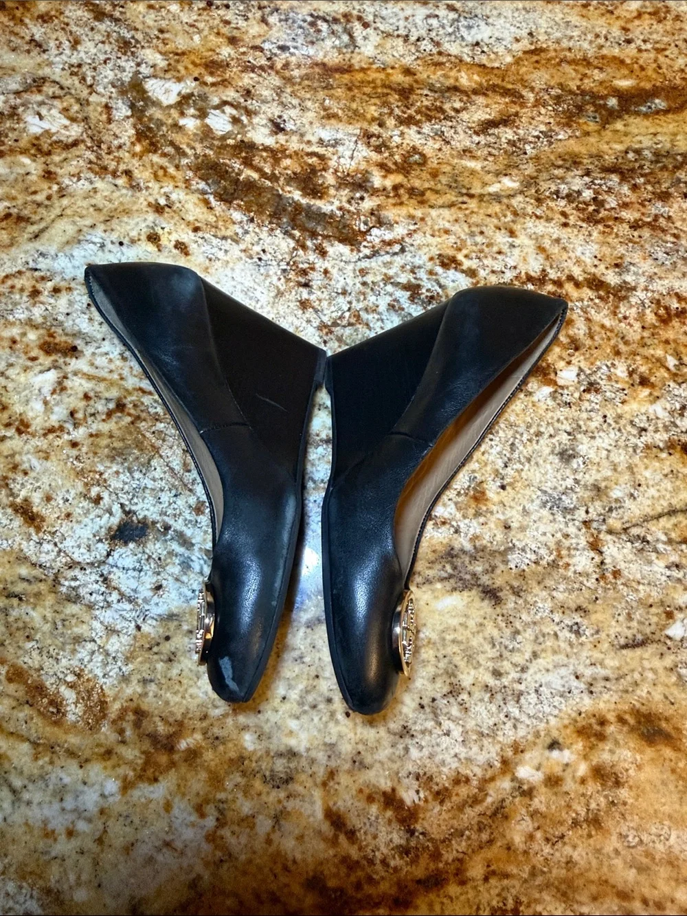 Tory Burch Black Leather Logo Pump with Gold Emblem